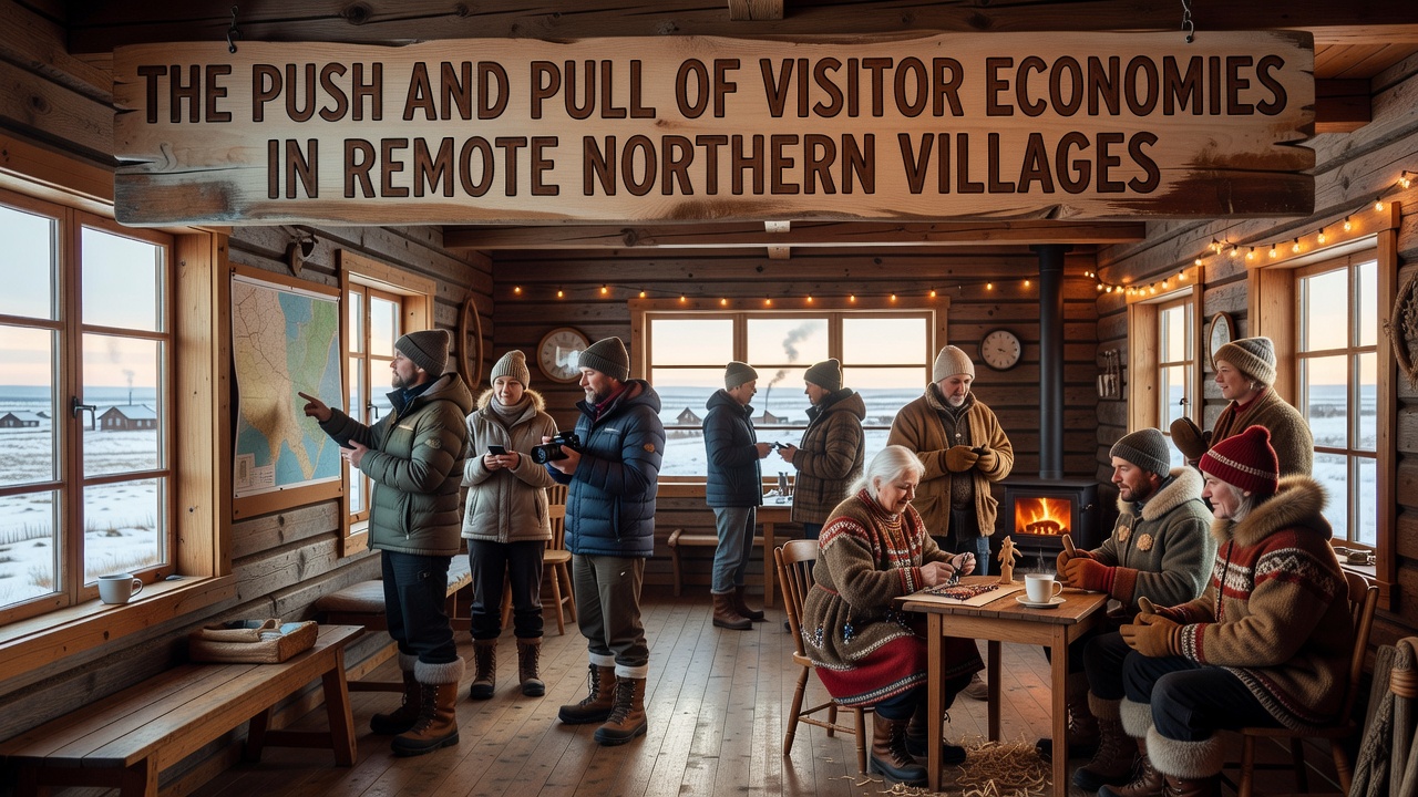 Remote northern village with traditional wooden houses along a fjord, surrounded by snowy mountains and a small harbor with fishing boats