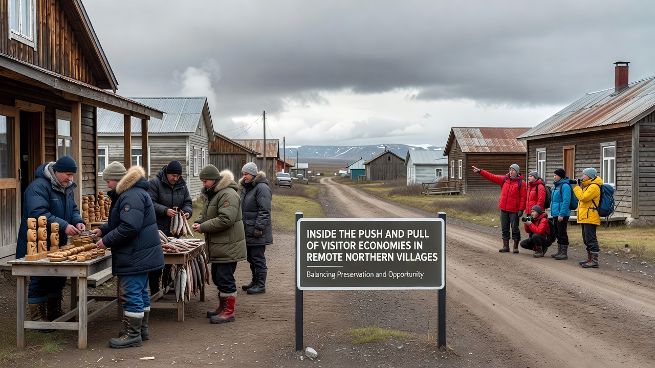 Group of visitors walking along a wooden boardwalk in a northern village, with colorful houses and autumn tundra landscape in the background